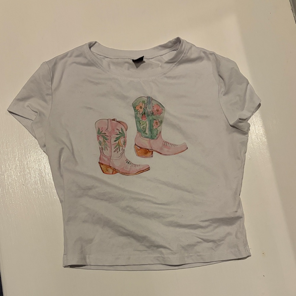 White Crop Tee with Floral Cowboy Boot Graphic